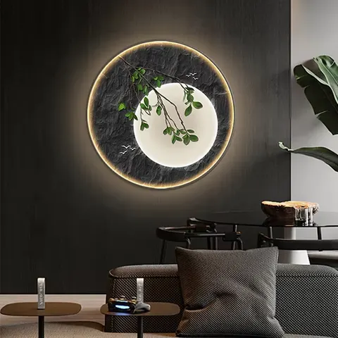 New Chinese Restaurant Wall Art Home Decor Painting Led Light Painting Advanced Sense Elk Round Shape Crystal Porcelain Painting