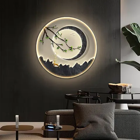 New Chinese Restaurant Wall Art Home Decor Painting Led Light Painting Advanced Sense Elk Round Shape Crystal Porcelain Painting