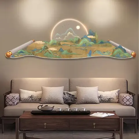 New Chinese Sofa Landscape Painting Scroll Acrylic Crystal Porcelain Painting Led Light Painting Wall Art Painting