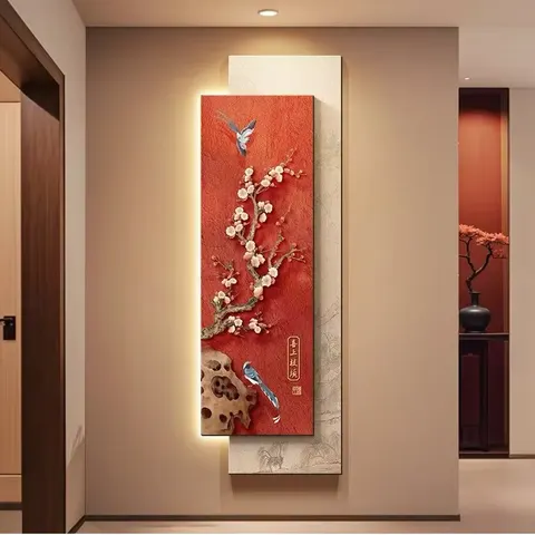 New Chinese Style Entrance Hall Art Home Decor Paintings Flowers and Birds Corridor Background Wall Shine LED Paintings