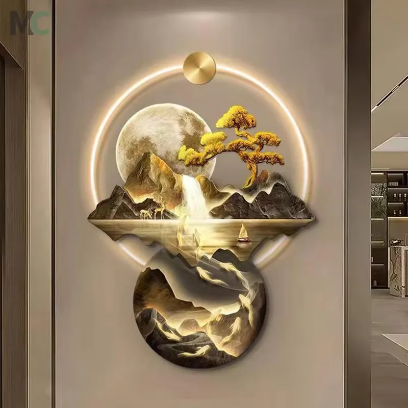 New Chinese Style Factory Direct Landscape LED Painting Nine Fish Picture Porch Art Decoration Acrylic Wall Painting