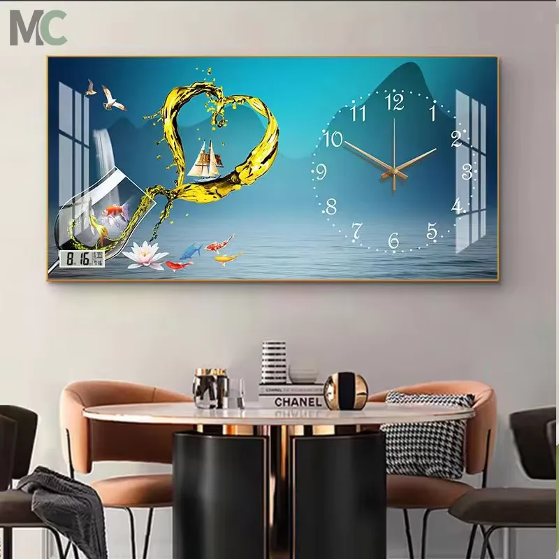New Chinese Style Living Room Crystal Decor Painting Dining Room Home Modern Silent Quartz Clock Hanging Wall Art Decoration