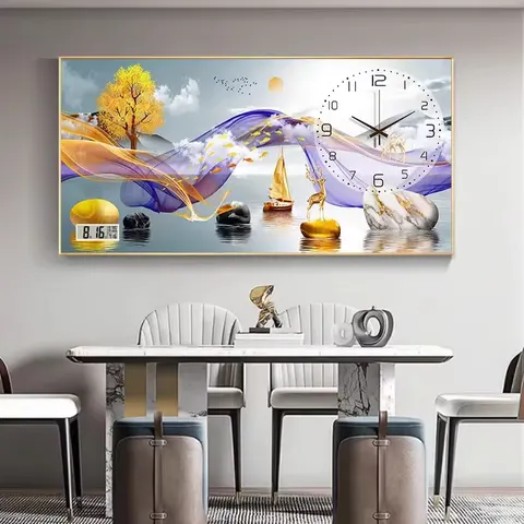 New Chinese Style Living Room Crystal Decor Painting Dining Room Home Modern Silent Quartz Clock Hanging Wall Art Decoration