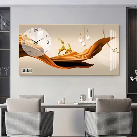 New Chinese Style Living Room Crystal Decor Painting Dining Room Home Modern Silent Quartz Clock Hanging Wall Art Decoration