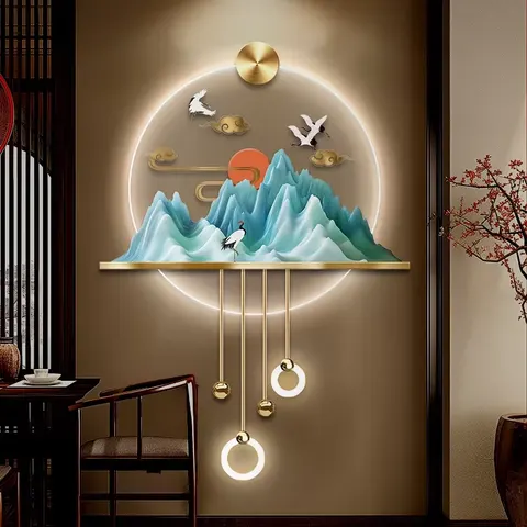 New Chinese Style Porch Background Wall Decor Paintings with Led Light 3D Three-dimensional Green Mountain Picture Mural