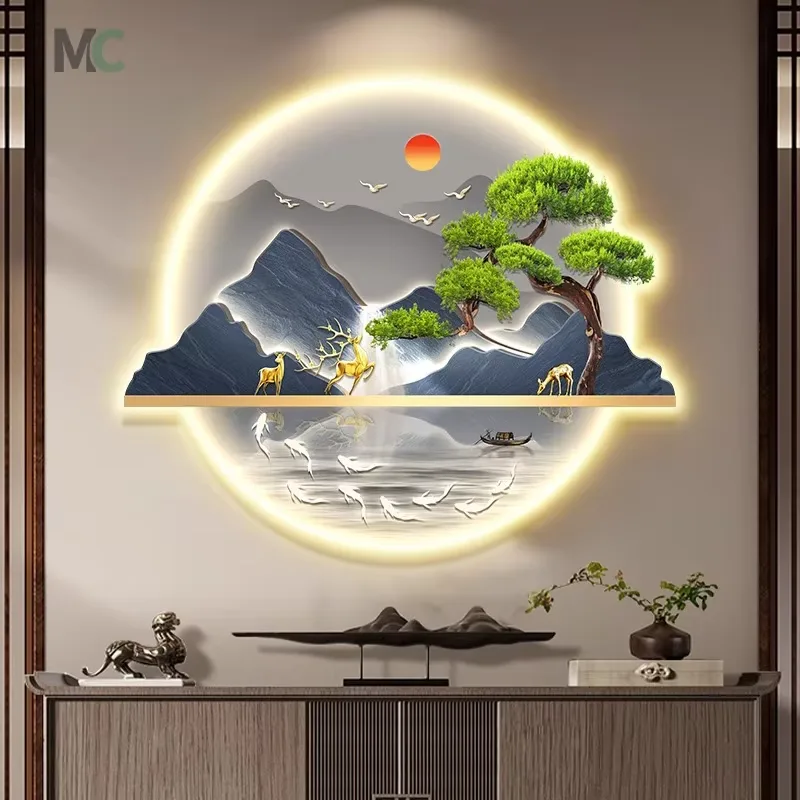 New Chinese Style Porch Living Room Background Wall Decor Painting Landscape Crystal Porcelain Led Painting