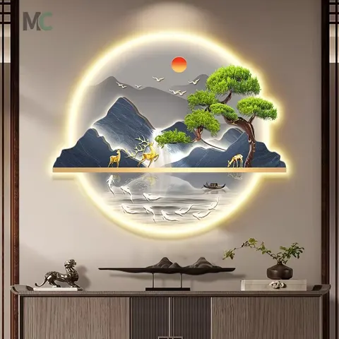 New Chinese Style Porch Living Room Background Wall Decor Painting Landscape Crystal Porcelain Led Painting