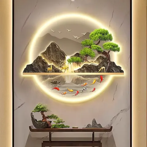 New Chinese Style Porch Living Room Background Wall Decor Painting Landscape Crystal Porcelain Led Painting