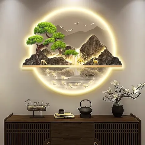 New Chinese Style Porch Living Room Background Wall Decor Painting Landscape Crystal Porcelain Led Painting