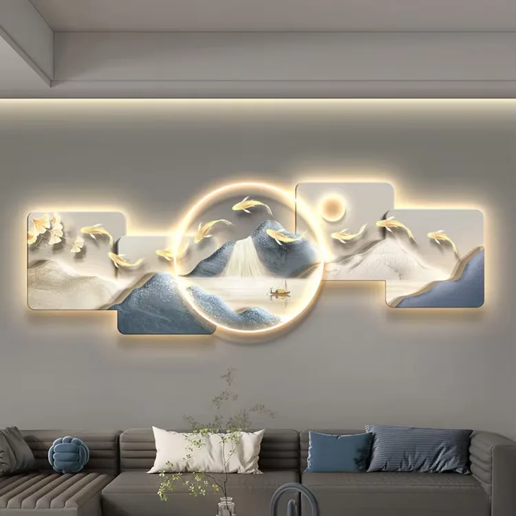 山水 单幅 装饰画 现代简约 客厅背景墙挂画 LED带灯画
