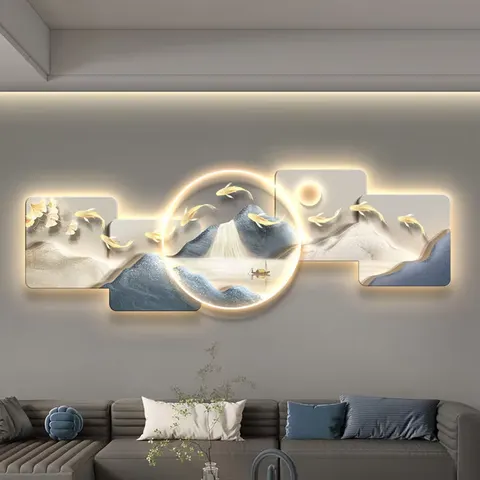 New Creative Landscape Sofa Background Wall Acrylic Crystal Porcelain Wall Art LED Light Painting Home Decoration