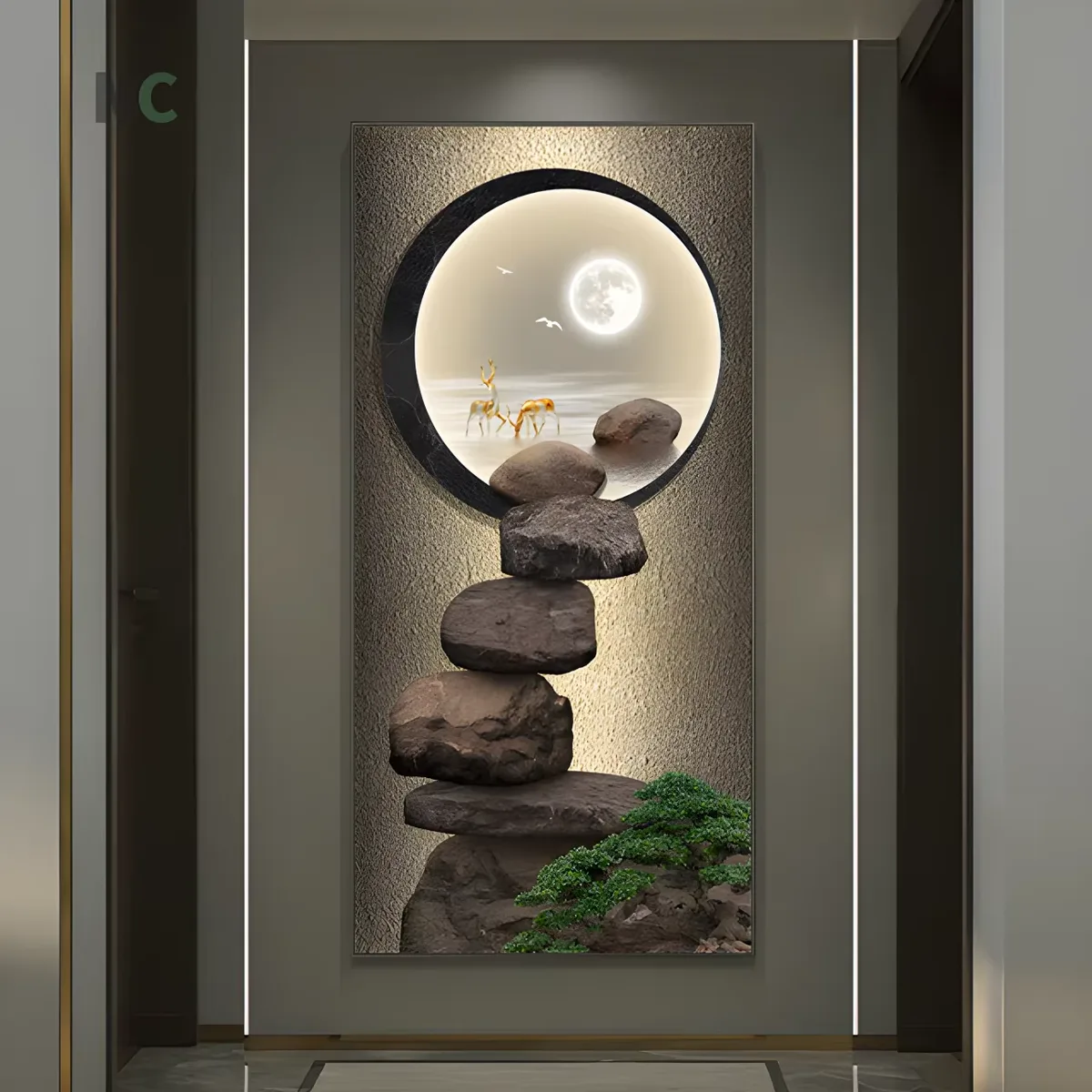New Design Stone Rock Elk Crystal Porcelain Painting Moon Living Room Corridor Wall Art Home Decor Painting