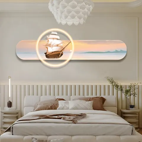 New Modern Light Luxury Sailing Boat Mural Crystal Porcelain Home Decor Paintings Wall Art Acrylic LED Painting