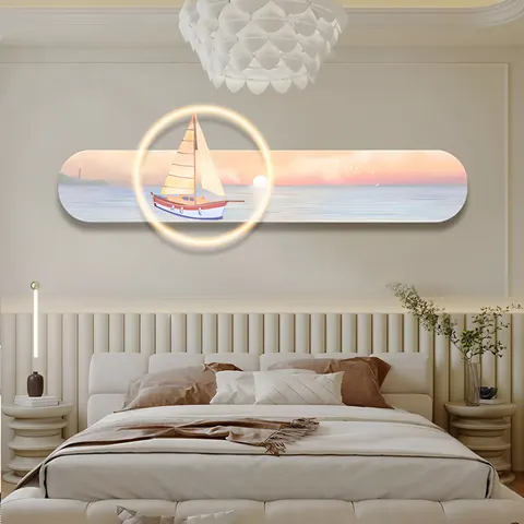New Modern Light Luxury Sailing Boat Mural Crystal Porcelain Home Decor Paintings Wall Art Acrylic LED Painting