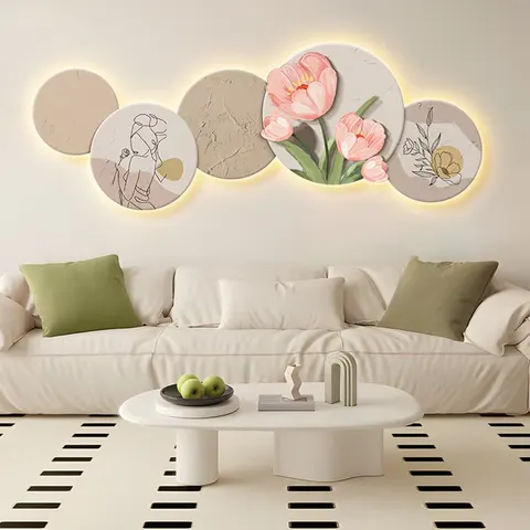 New Nordic Style Tulip Living Room Decoration Crystal Porcelain Painting Wall Art LED Light Painting Home Decoration