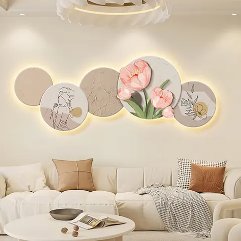 New Nordic Style Tulip Living Room Decoration Crystal Porcelain Painting Wall Art LED Light Painting Home Decoration