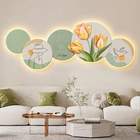 New Nordic Style Tulip Living Room Decoration Crystal Porcelain Painting Wall Art LED Light Painting Home Decoration