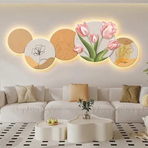 New Nordic Style Tulip Living Room Decoration Crystal Porcelain Painting Wall Art LED Light Painting Home Decoration
