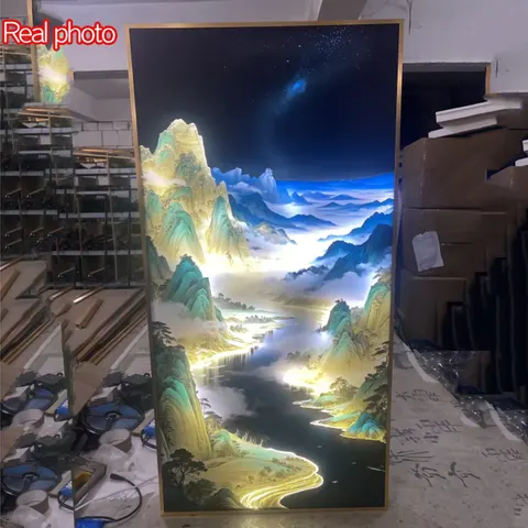 山水 单幅 装饰画 新中式 客厅背景墙挂画 LED带灯画