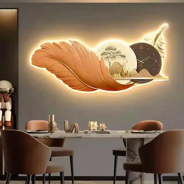 New Product High Quality Mural with Clock Laser Engraving Feather  Acrylic Crystal Painting Led Wall Art Home Decor Paintings