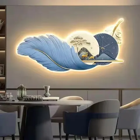 New Product High Quality Mural with Clock Laser Engraving Feather  Acrylic Crystal Painting Led Wall Art Home Decor Paintings