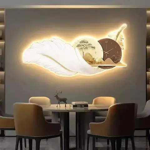 New Product High Quality Mural with Clock Laser Engraving Feather  Acrylic Crystal Painting Led Wall Art Home Decor Paintings