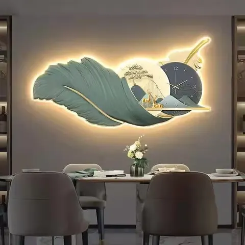 New Product High Quality Mural with Clock Laser Engraving Feather  Acrylic Crystal Painting Led Wall Art Home Decor Paintings