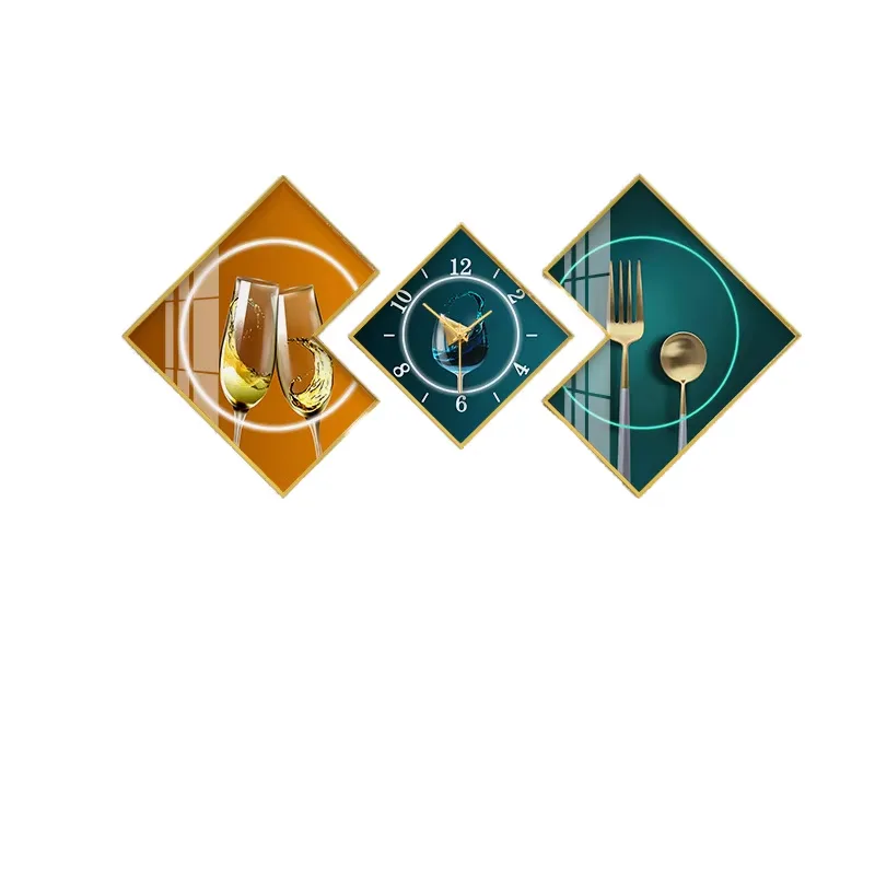 New Style 3pcs/set Aluminum Frame Crystal Porcelain Clock Geometry Wine Glass Modern Restaurant Wall Art Abstract Still Canvas
