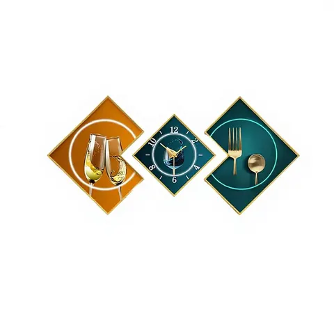 New Style 3pcs/set Aluminum Frame Crystal Porcelain Clock Geometry Wine Glass Modern Restaurant Wall Art Abstract Still Canvas