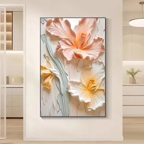 New Trending Abstract 3D Effect Floral Canvas Print Artwork 3D Texture Crystal Porcelain Painting Elegant Flower Wall Decor