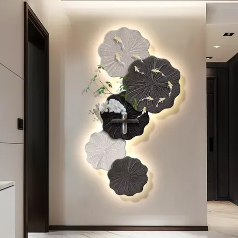 Nine Fish and Lotus Flowers Sandstone Home Decor Paintings Living Room Corridor Background Wall LED Painting