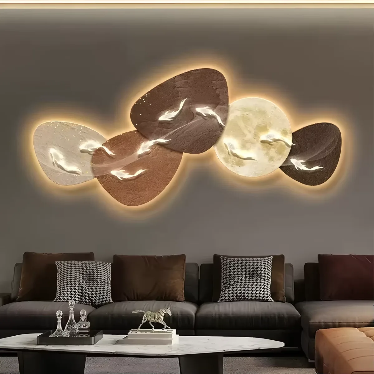Nine Fish Chart Living Room Crystal Porcelain Decorative Painting Sofa Background Wall Art Home Decor LED Glow Hanging Painting