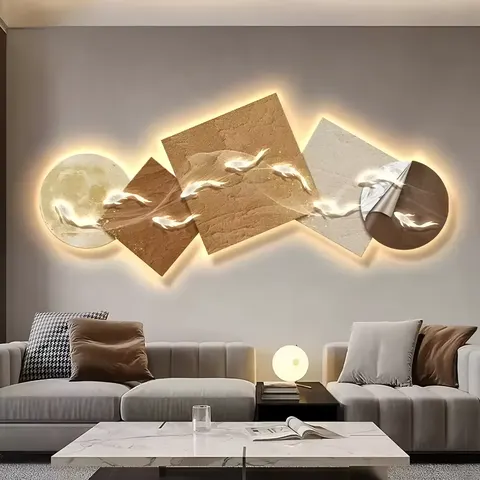 Nine Fish Chart Living Room Crystal Porcelain Decorative Painting Sofa Background Wall Art Home Decor LED Glow Hanging Painting