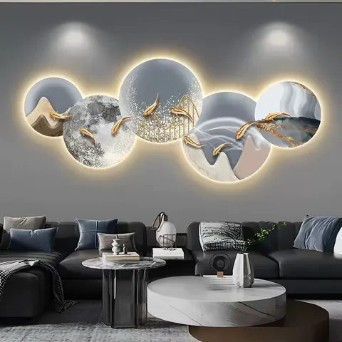 Nine Fish Chart Living Room Crystal Porcelain Decorative Painting Sofa Background Wall Art Home Decor LED Glow Hanging Painting