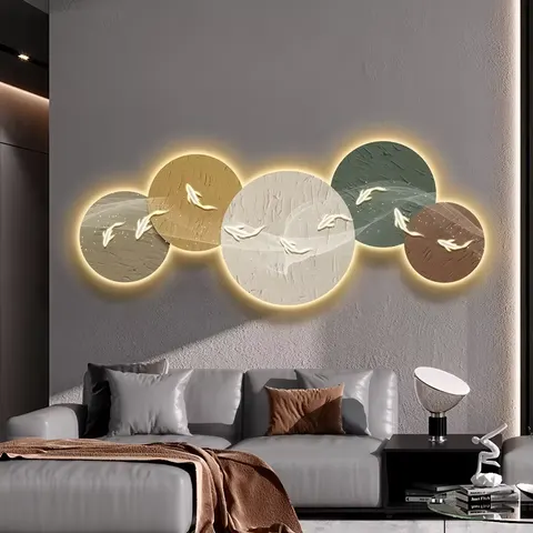 Nine Fish Chart Living Room Crystal Porcelain Decorative Painting Sofa Background Wall Art Home Decor LED Glow Hanging Painting