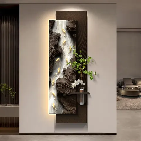 Nine Fish Diagram Landscape Wall Surface Decorative Painting Aquarius Green Plant Sandstone LED Decor Painting
