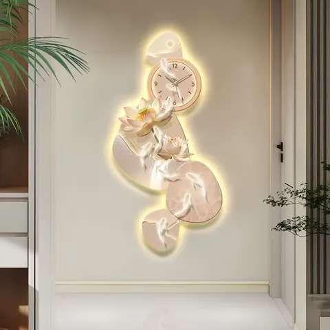 Nine Fish Diagram Lotus UV Engraving Crystal Porcelain Painting Living Room Entrance Hall Glowed LED Decor Painting