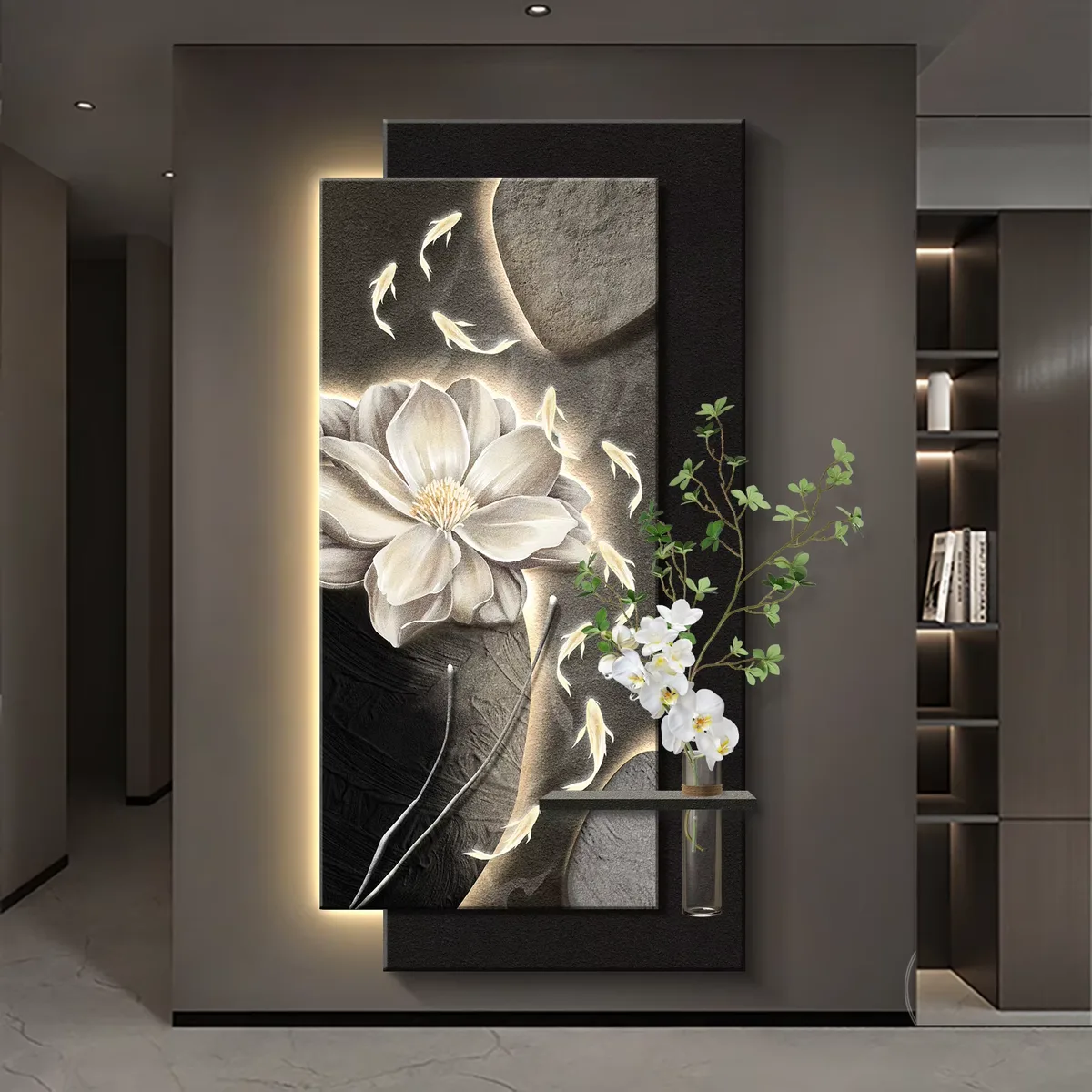 Nine Fish Diagram Three-dimensional Double-layer Sandstone LED Decorative Painting Corridor Background Wall Home Decor Painting
