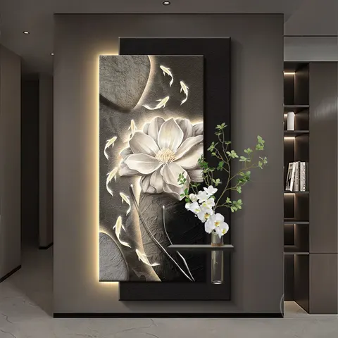 Nine Fish Diagram Three-dimensional Double-layer Sandstone LED Decorative Painting Corridor Background Wall Home Decor Painting