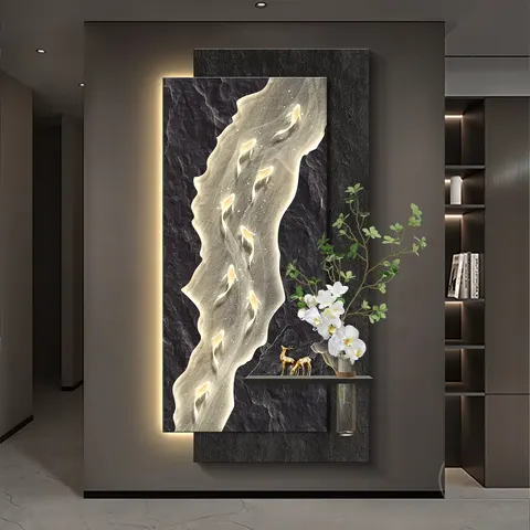 Nine Fish Diagram Three-dimensional Double-layer Sandstone LED Decorative Painting Corridor Background Wall Home Decor Painting