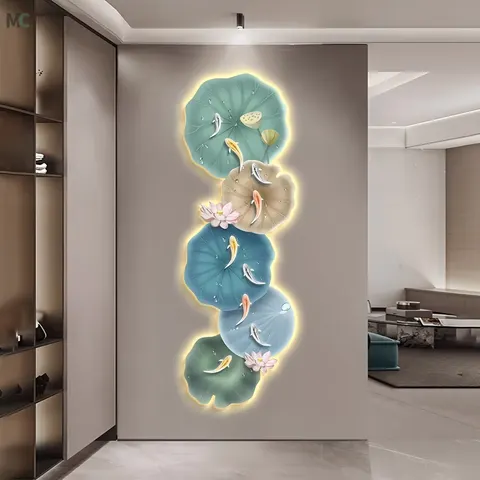 Nine Fish Figure Lotus Acrylic LED Painting Living Room Corridor Background Wall Art Home Decor Painting