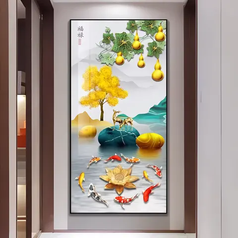 Nine Fish Mural with Light Surrounded by Glowing Led Decoration  Paintings Crystal Porcelain Painting Wall Art Home Decor