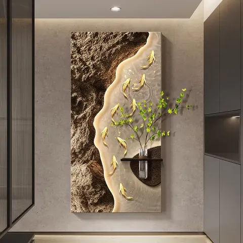 Nine Fish Painting Entrance HallHydroponic Plants Art Decor Paintings Corridor Background Wall Sandstone Mural Painting