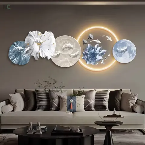 Nine Fish Picture Tape Clock Crystal Porcelain Painting Art Decor Sofa Background Wall LED Luminous Acrylic Decor Painting