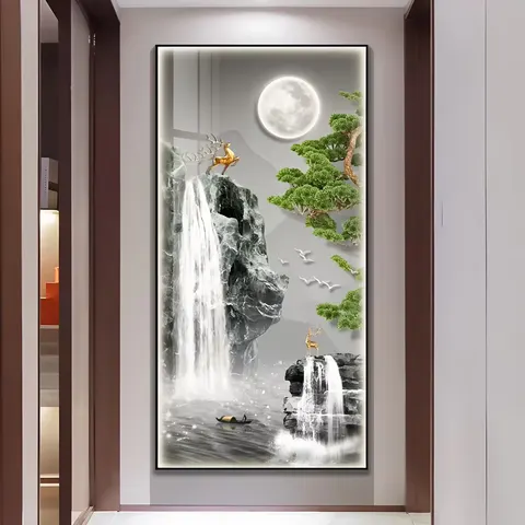 Nine-fish Run Water Mural with Light Surrounded by Glowing Decorative Paintings Crystal Porcelain Painting Wall Art Home Decor