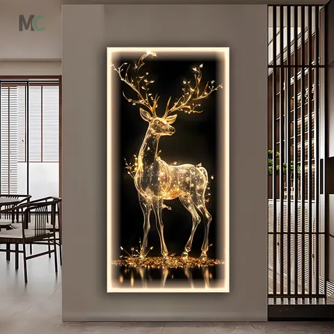 Nordic Light Luxury Abstract Art Gold Elk Decorative Painting Entrance to the House Porch Wall Led Light Crystal Painting