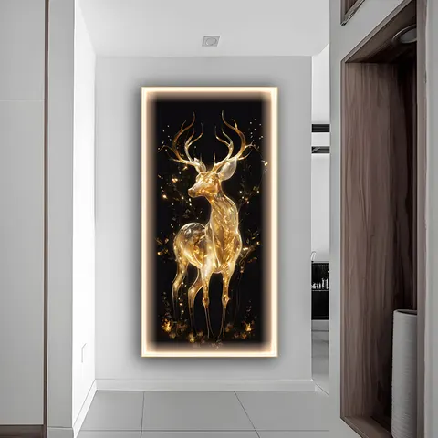 Nordic Light Luxury Abstract Art Gold Elk Decorative Painting Entrance to the House Porch Wall Led Light Crystal Painting