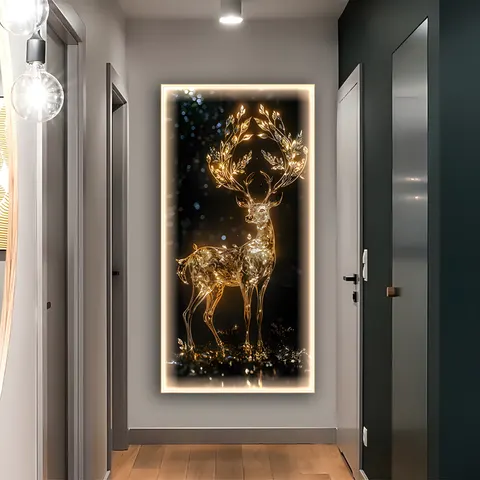 Nordic Light Luxury Abstract Art Gold Elk Decorative Painting Entrance to the House Porch Wall Led Light Crystal Painting