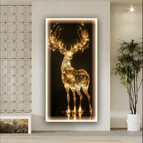 Nordic Light Luxury Abstract Art Gold Elk Decorative Painting Entrance to the House Porch Wall Led Light Crystal Painting