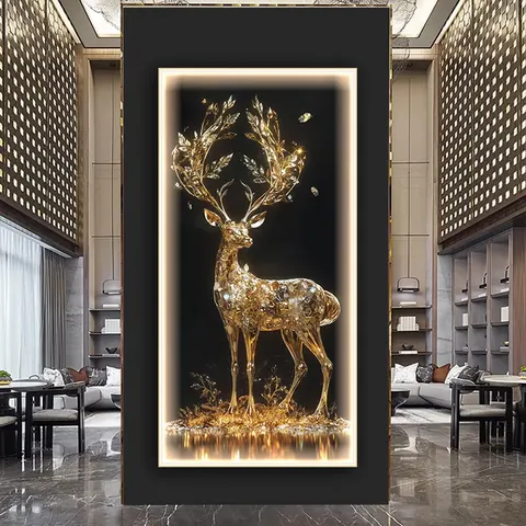 Nordic Light Luxury Abstract Art Gold Elk Decorative Painting Entrance to the House Porch Wall Led Light Crystal Painting